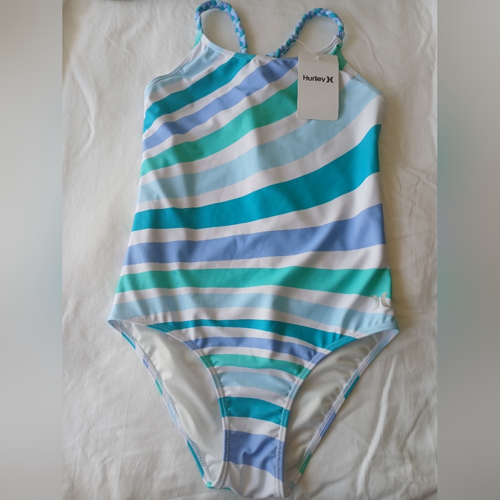 Hurley Blue and Green One Piece Swimsuit Dynamic Stripes